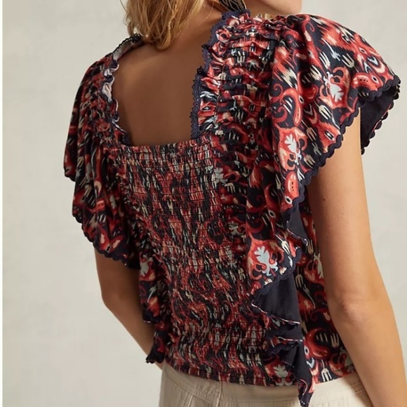 Anthropologie Let Me Be Smocked Crop Top in Red/orange and Navy NWT- Sz S, M & L - Picture 3 of 15
